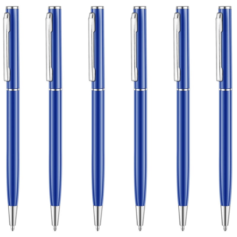Unibene 6 Pack Glossy Blue Slim Metallic Retractable Ballpoint Pens, 1.0mm Medium Point Black Ink with 6 Stainless Steel Refills for Business Office, Gift - Image 1